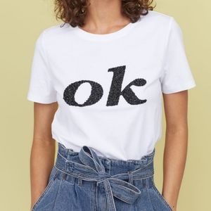 H&M White With Black Beaded OK Short Sleeve T-shirt